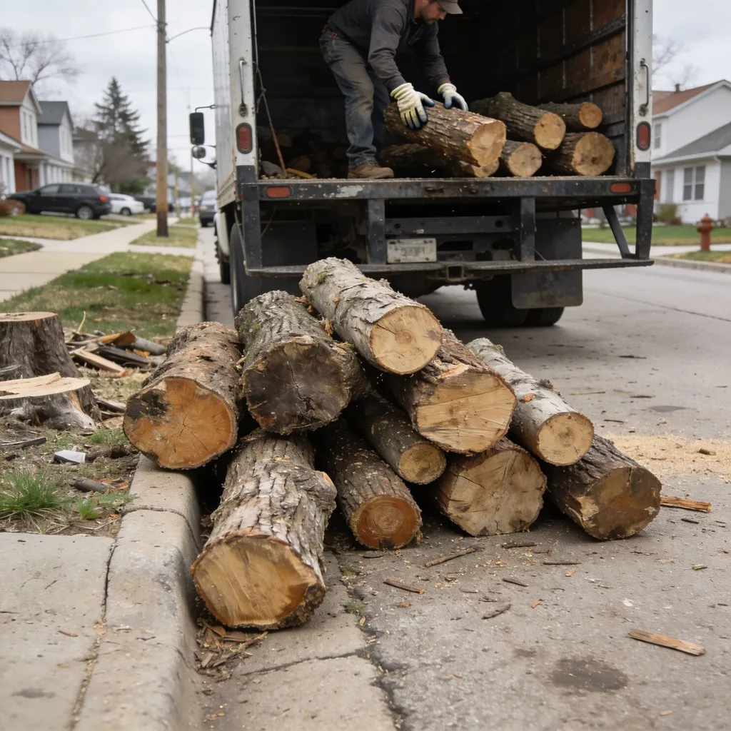 Crew loading cut logs into a truck after a tree removal in Fort Wayne