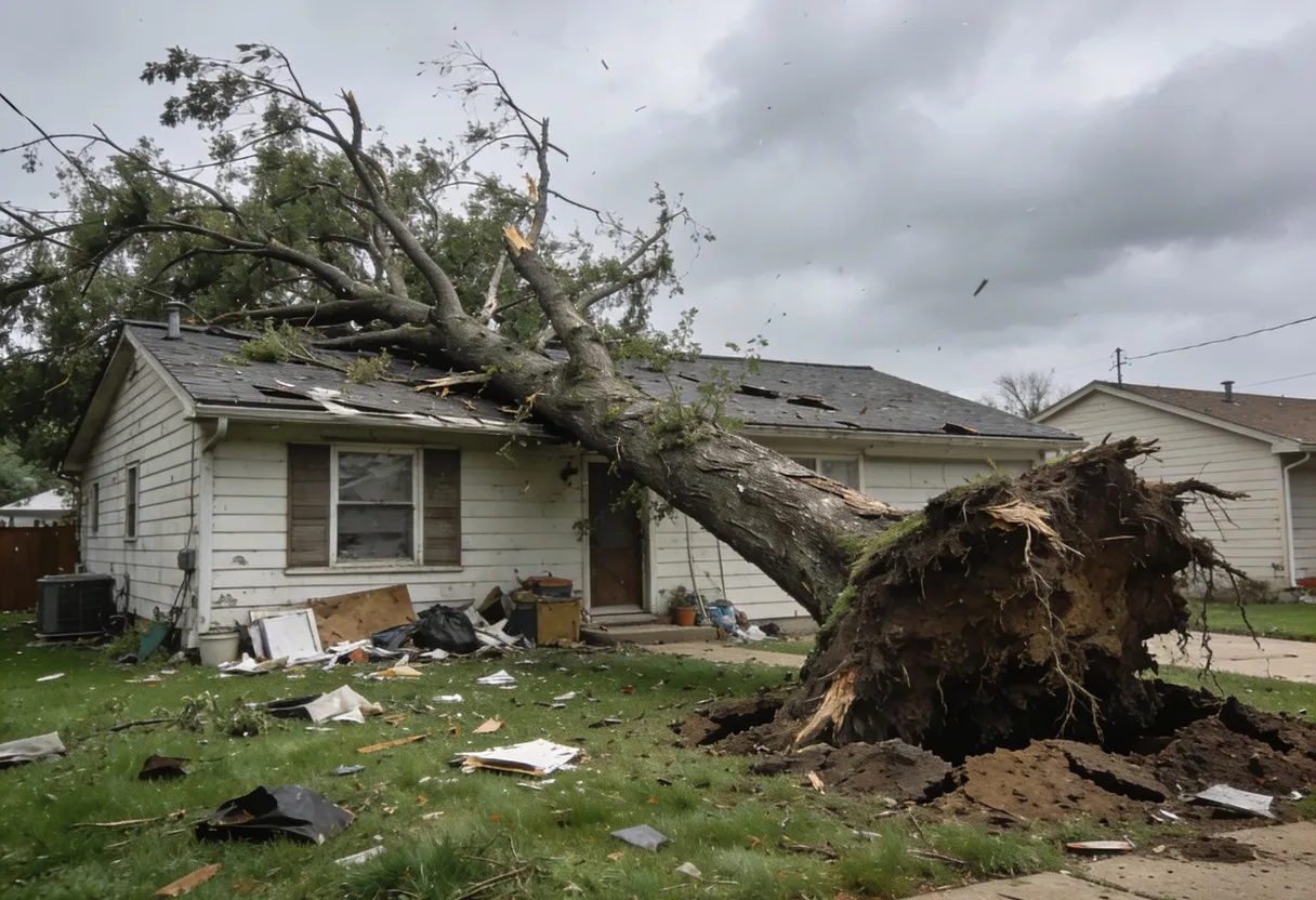Storm-fallen tree being cleared from a residential property